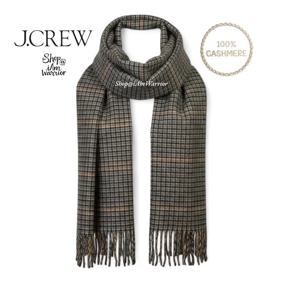 J.Crew RARE 100% cashmere Scottish houndstooth plaid long scarf with fringe - Picture 1 of 9